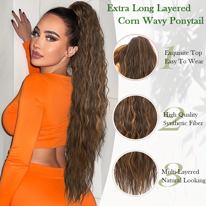 extra long ponytail extension 32 inch deep wavy curly drawstring pony tail extensions   fluffy synthetic clip in hair extensions brown blonde highlight hairpiece for women daily halloween use part details 1