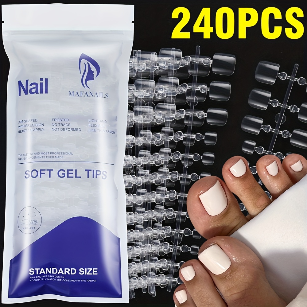 TEMU 240pcs Square Toe Nail Tips Press On Full Cover Soft Gel Transparent False Toenail Extension Kit Gel X Nail Tips Clear Matte Fake Longtoes Claw For Salon Acrylic Pedicure, Nail Tips