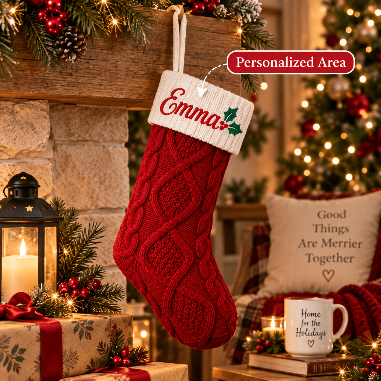 TEMU 1pc Pattern Engravable Name Christmas Stocking, Retro Cable Knit Christmas Sock, Christmas Party Fireplace Hanging Ornament Gift Bag