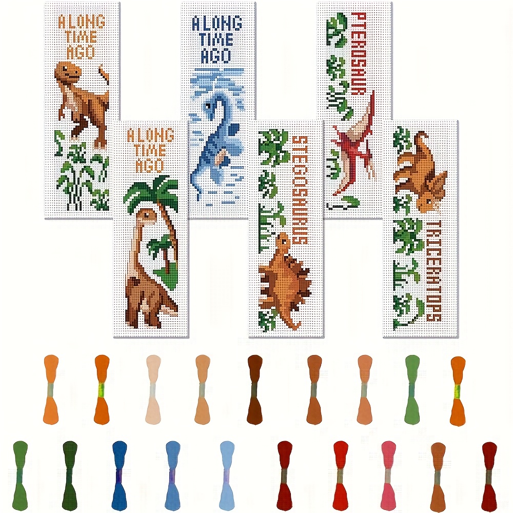E-shop 6-teiliges -Dinosaurier-Themen-DIY-Kunstset für Kreuzstich-Lesezeichen – Enthält 6 bedruckte Kreuzstich-Stoffe, reichlich Stickgarn,