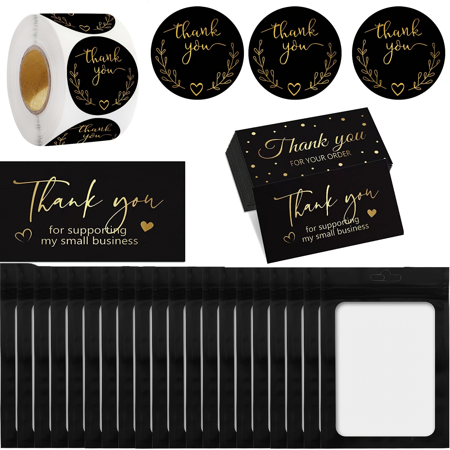 

620pcs Thank You Cards And Stickers Set, Include 500 Golden Foil Thank You Stickers 1inch, 100 Thank You Business Card, 20 Resealable Packaging Bag For Retail Store Envelope