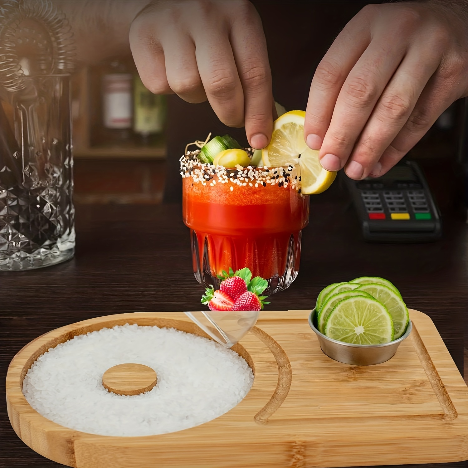 Set de Margaritas de Madera de Bambú, Adecuado para Aros de hasta 15.24 cm, Incluye un Cuenco y Espacio para Aderezos de Margarita, Perfecto para Azúcar de Cóctel