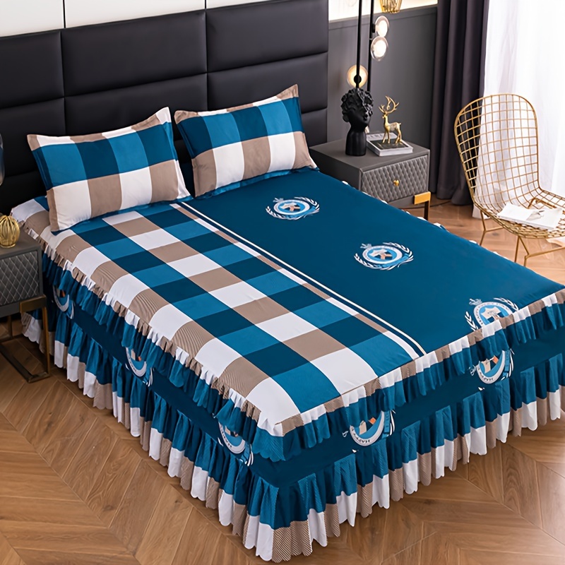 

3pcs Breathable Polyester Bedding Set With Zipper Closure - Lace Embellished Ruffle Bedspread And Pillowcases, Machine Washable, Non-shrinking, Coating Print, 200-250 Gsm