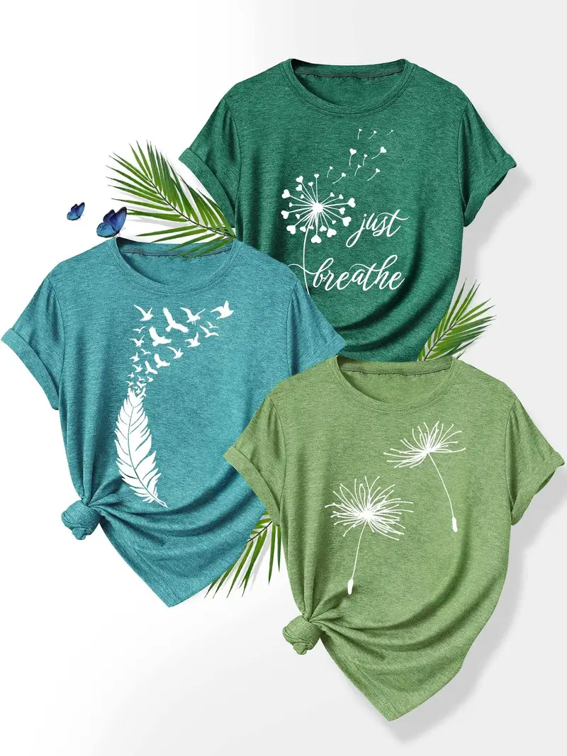 3pcs set floral print t shirts for women dandelion rose and casual summer short sleeve crew neck tees soft polyester blend sizes s xxl casual attire casual summer wear floral print stretchy fabric Product details 7