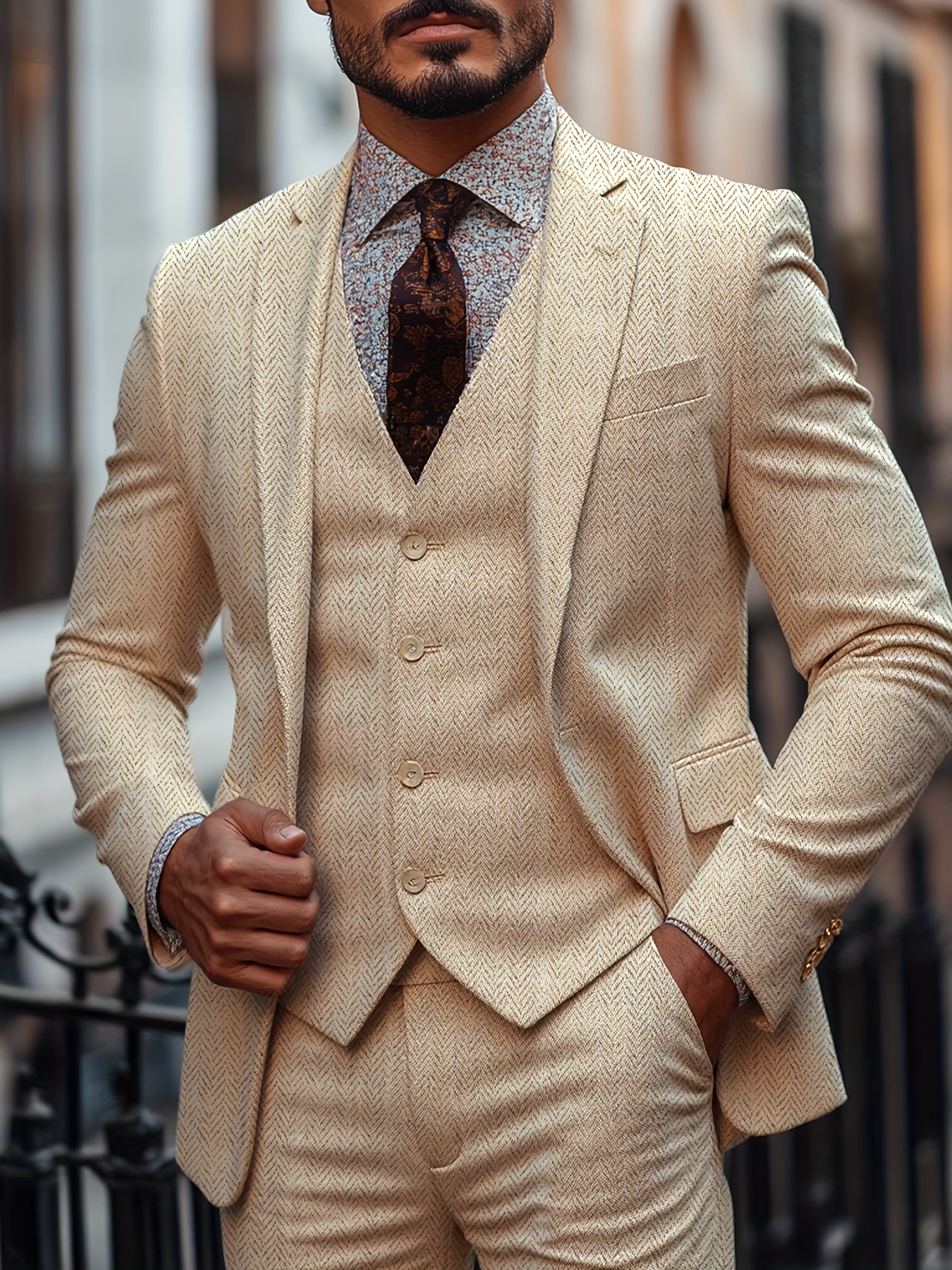 mens beige tweed suit brown tie long sleeve Temu Canada
