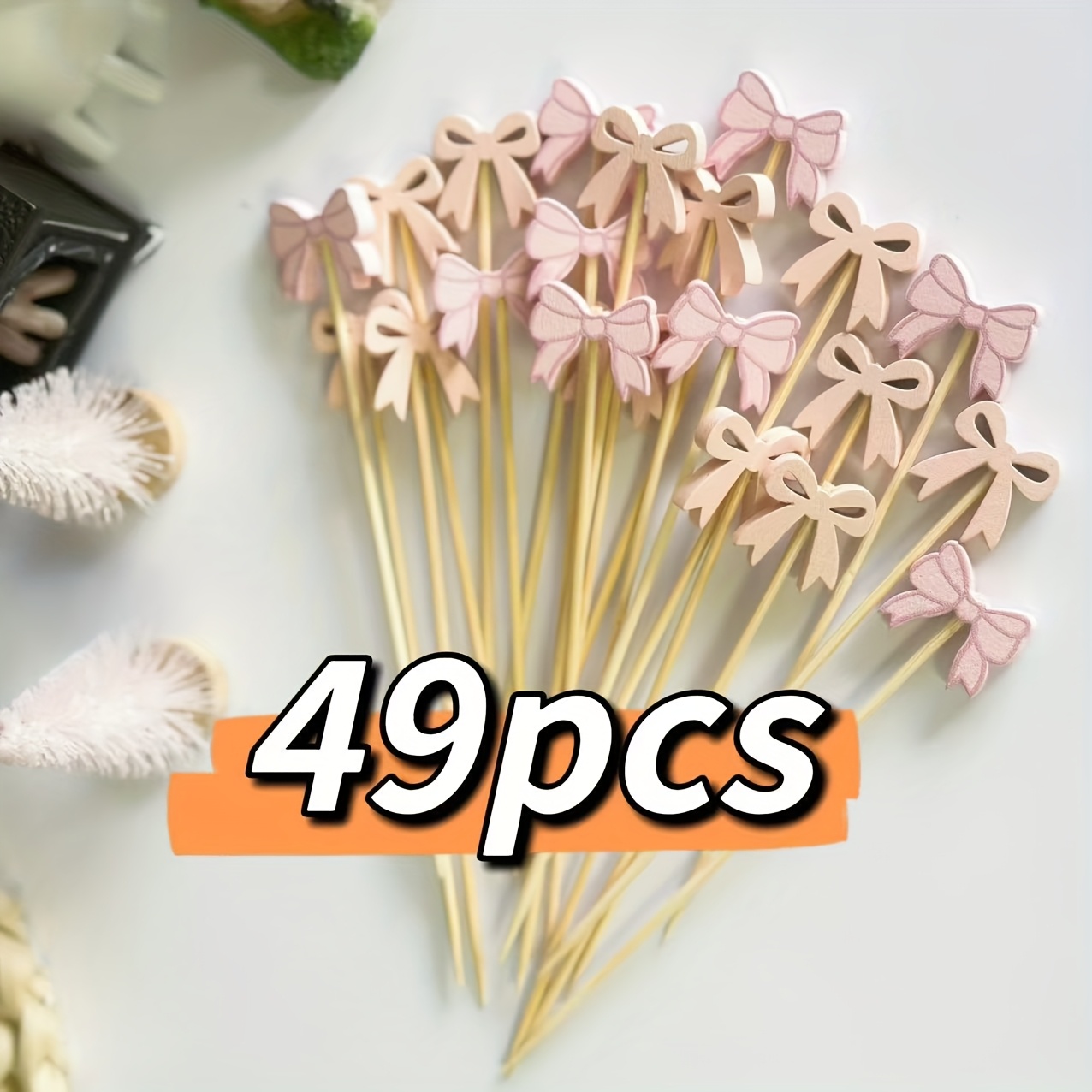 E-shop 49 Stück Schleifen--Picks, 4,7 Zoll Schleifen-Cupcake-Topper, Schleifen-Zahnstocher für Vorspeisen, Coquette-Geburtstagsdekoration, -Spieße für