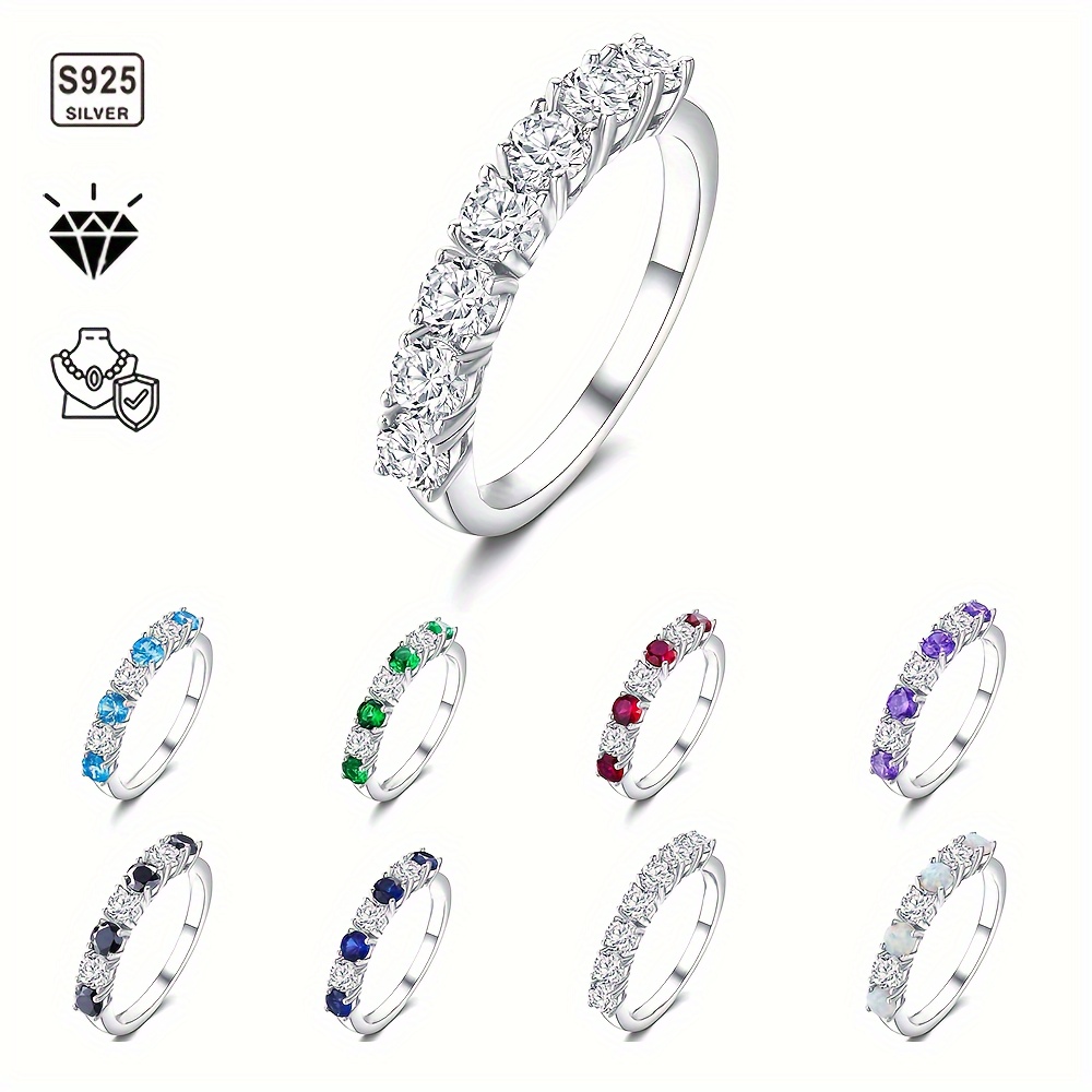 

925 Sterling Silver Moissanite Birthstone Ring, 7 Stones Fresh Sweet Premium Elegant Band, For Girls Birthday Gift