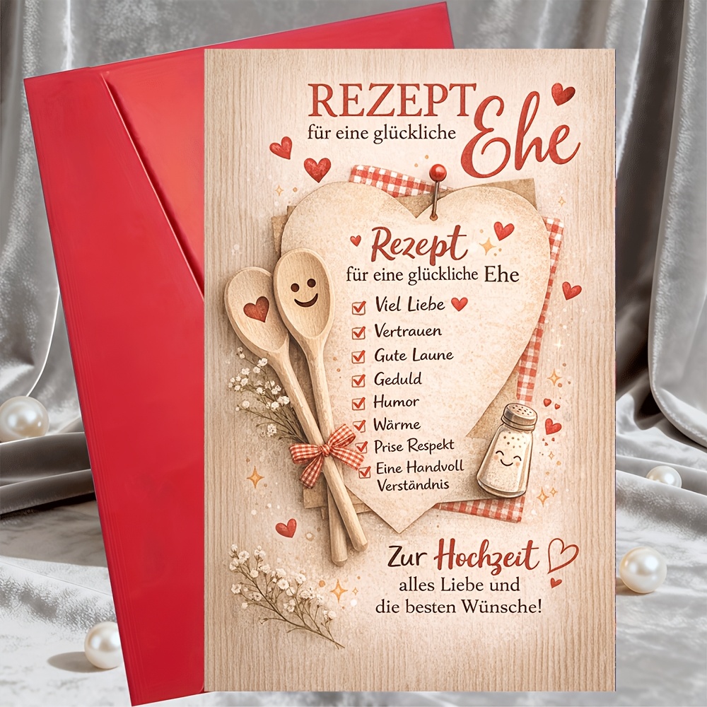 E-shop 1 Grußkarte + 1 Umschlag Hochzeitsrezept für ein glückliches Eheleben Karte Rustikales Niedliches Herzen Löffel Design Geschenk für Braut und