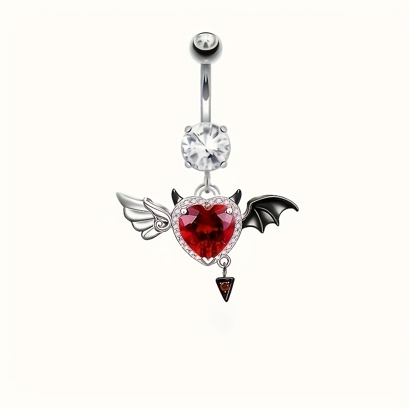 Image of 1pc Bat-themed Belly Button Piercing - Stainless Steel Devil Heart Ring With Red Synthetic Cubic Zirconiaia Stone, Body For Navel Pierces, , Daily Wear (no Ic, Durable)