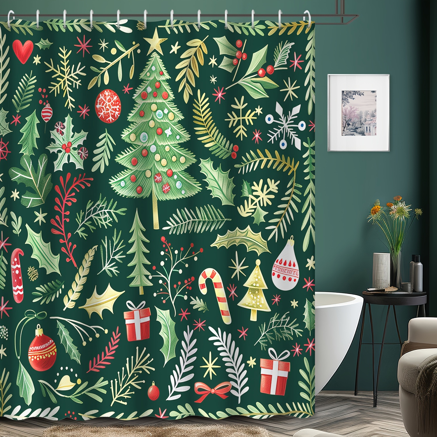 

1pc Christmas Christmas Decoration Winter Decoration Cartoon Bohemian Green Christmas Tree Gift Decoration Shower Curtain, 12 Hooks Waterproof Shower Curtain, Bathroom Decoration