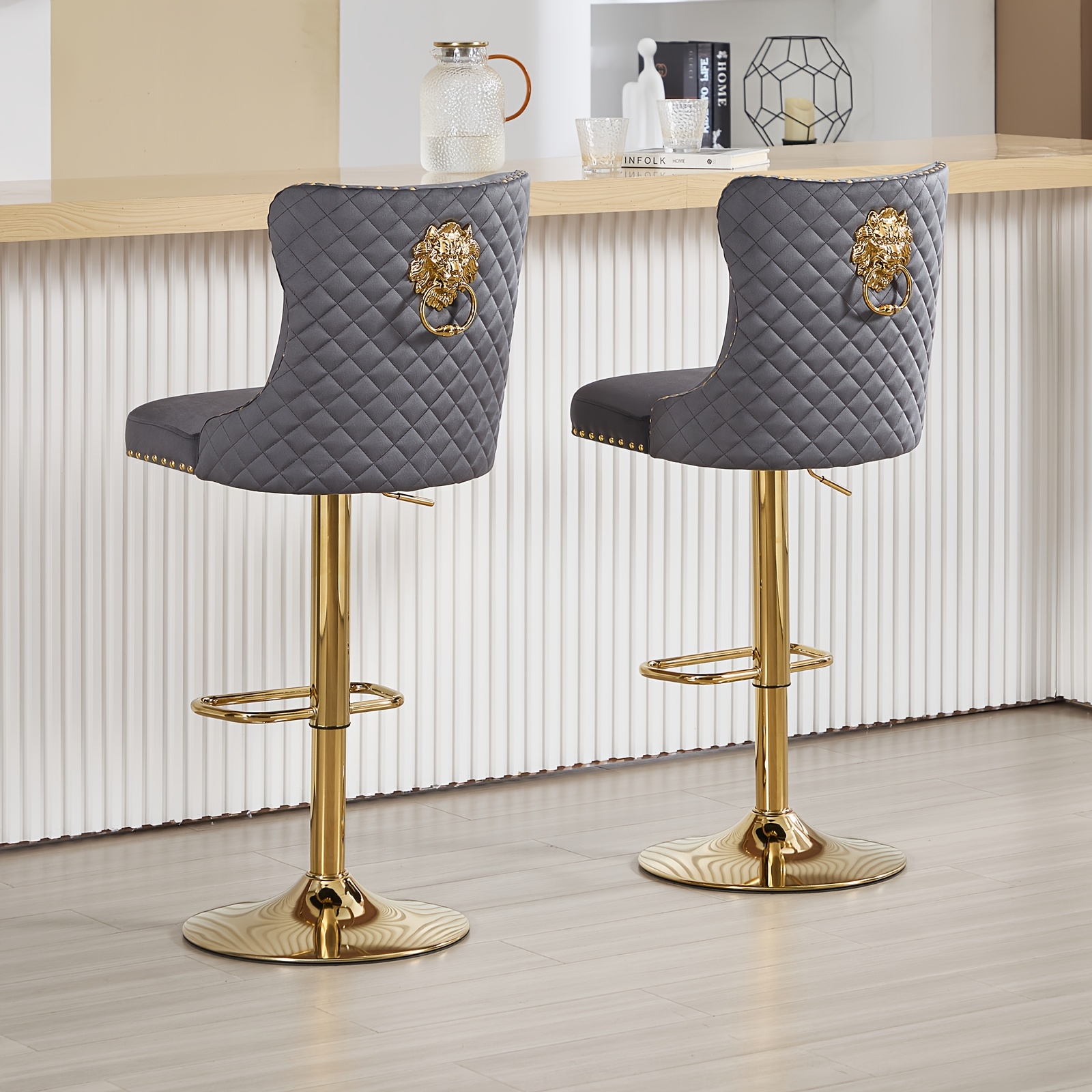 Set of 2 Modern Adjustable Velvet Bar Stools with Lion Head Pull