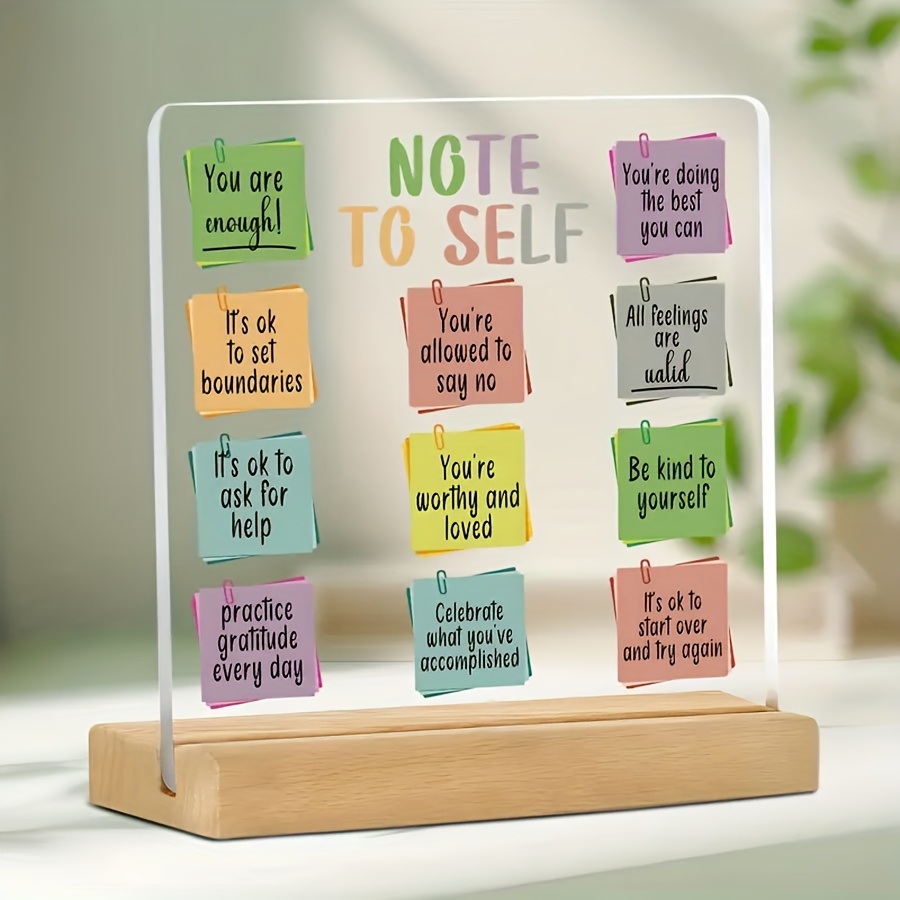 Image of 1pc Contemporary Acrylic Self-care Note Sign With Wooden Stand - English Inspirational Affirmations For Daily Mindfulness And Mental Health, Multipurpose Tabletop Decor For Therapist Office