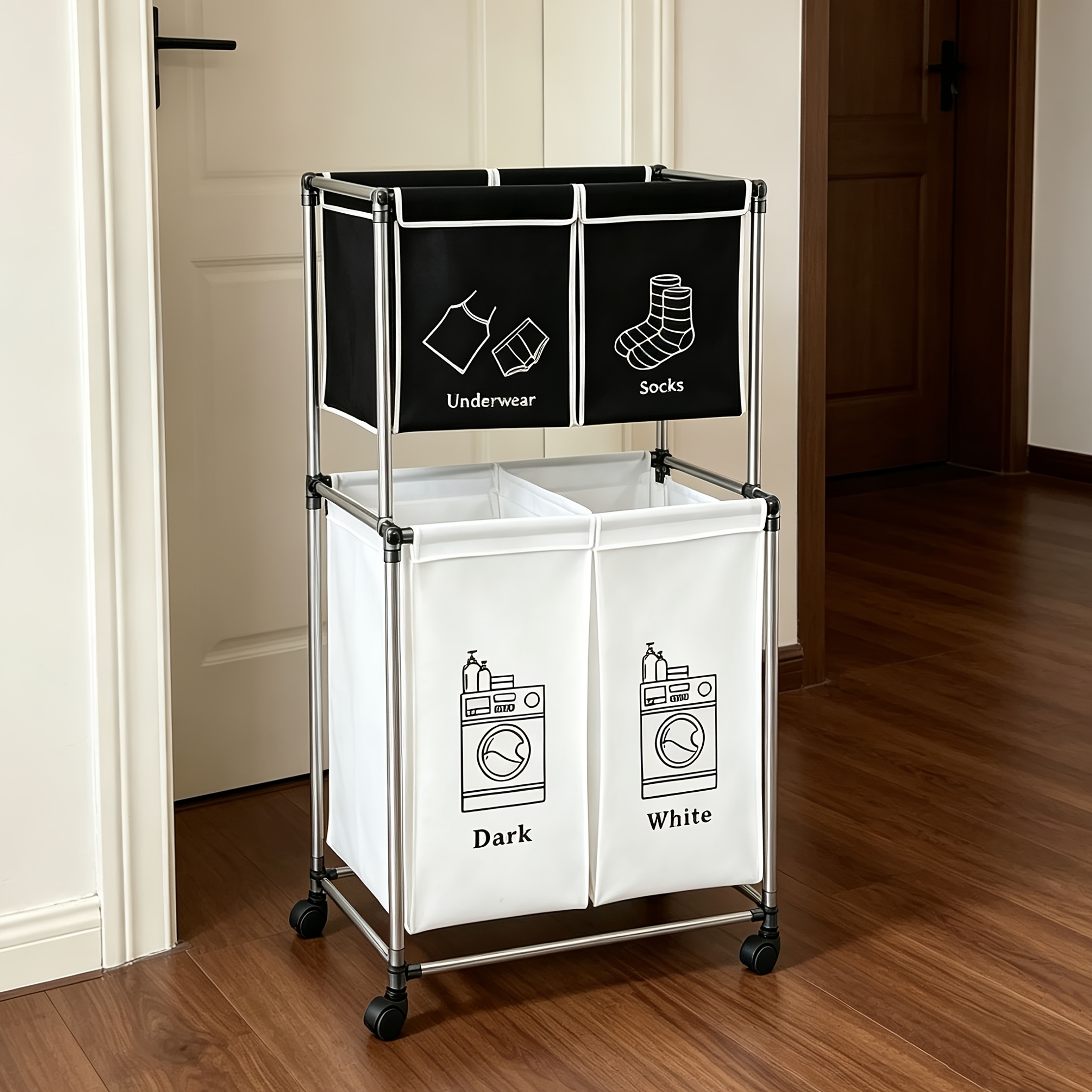 TEMU Large Capacity 4-compartment Laundry Cart With Wheels, Removable Cloth Bag For Sorting Dirty Clothes, Household Dirty Clothes Storage Rack,