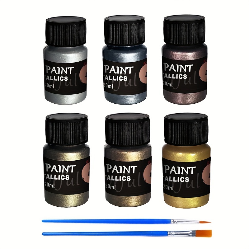 Image of 6 Colors (20ml) Metallic Acrylic Paint Set With 2 Brushes, Art Supplies Kit, Art Craft Paints For Artists Beginners, Halloween Decorations Canvas Ceramic Rock Painting
