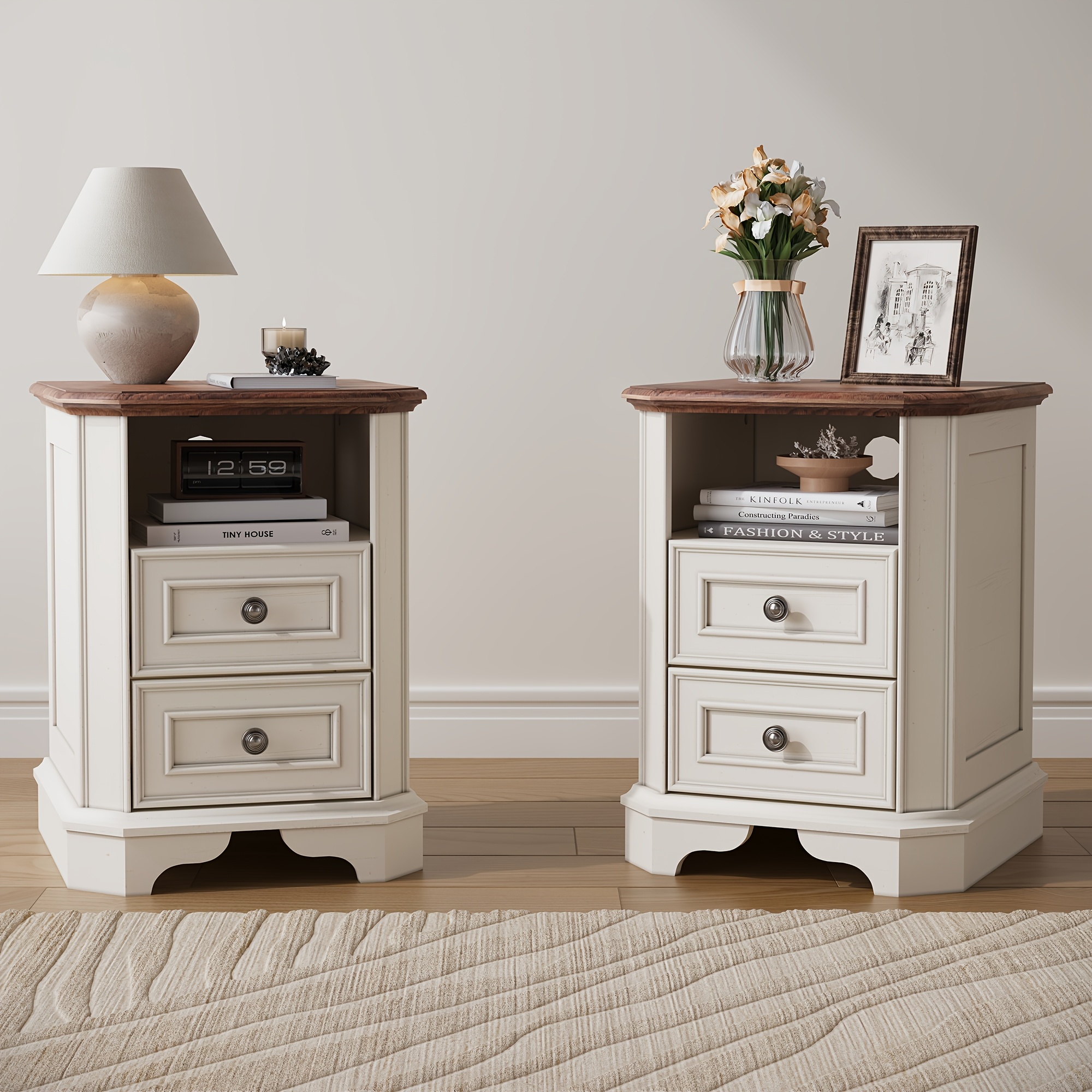 2pcs Pack Suitable For Bedroom & Living Room Farmhouse Nightstands With Roman Column - Wooden Bedside Cabinets, 2 Drawers & Open Shelf Storage, Modern Rustic End Tables For Room, Narrow Spaces