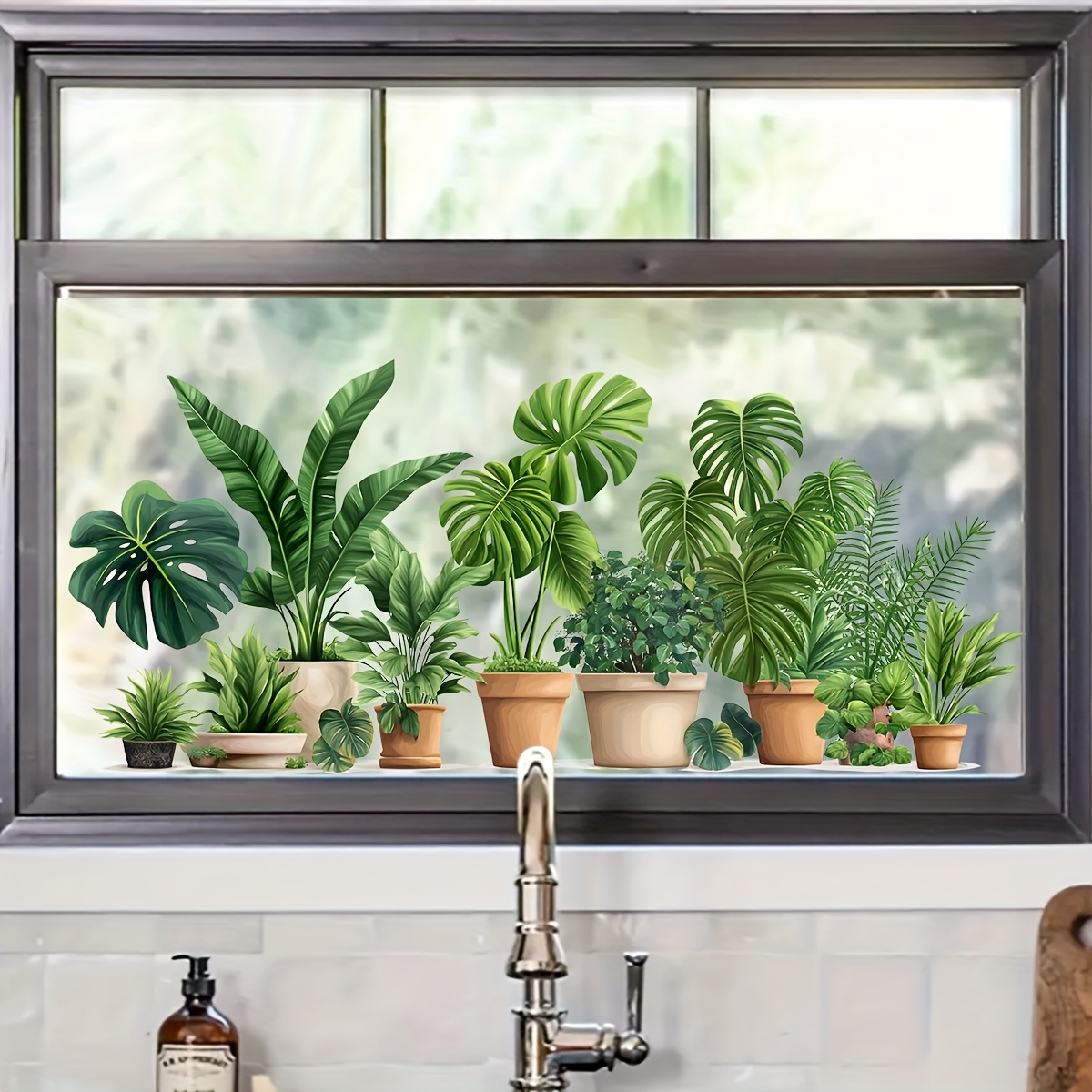 Image of 1pc Tropical Plant Bonsai Glass Window Sticker For Living Room, Bedroom, Kitchen & Bathroom Decorative Door Decoration
