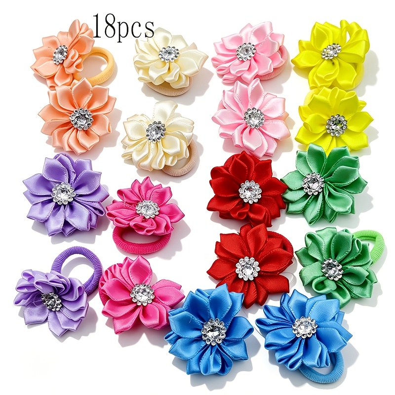 TEMU 18pcs Multicolor Floral Rhinestone Hair Ties Set High-elastic Fabric Hair Bands Daily Versatile Ponytail Hair Bands
