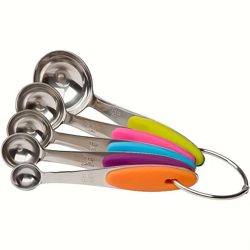 

5pcs Stainless Steel Measuring Spoon Set With Silicone Handle, Cooking And Baking. High-quality Stainless Steel With High Hardness, Resistance, And Durability