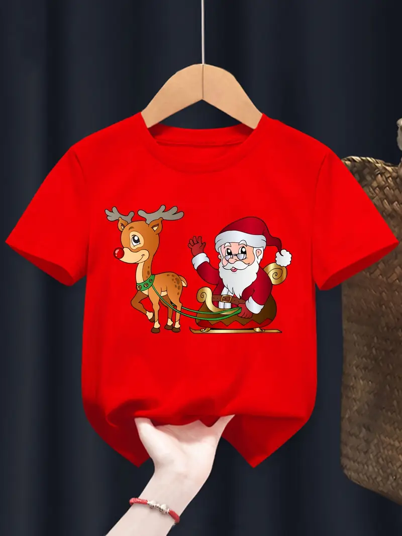 Camiseta Navideña Para Mujer Con Estampado De Reno Rudolph - Manga Corta Y Tejido Suave | Tallas De La 8 A La 26