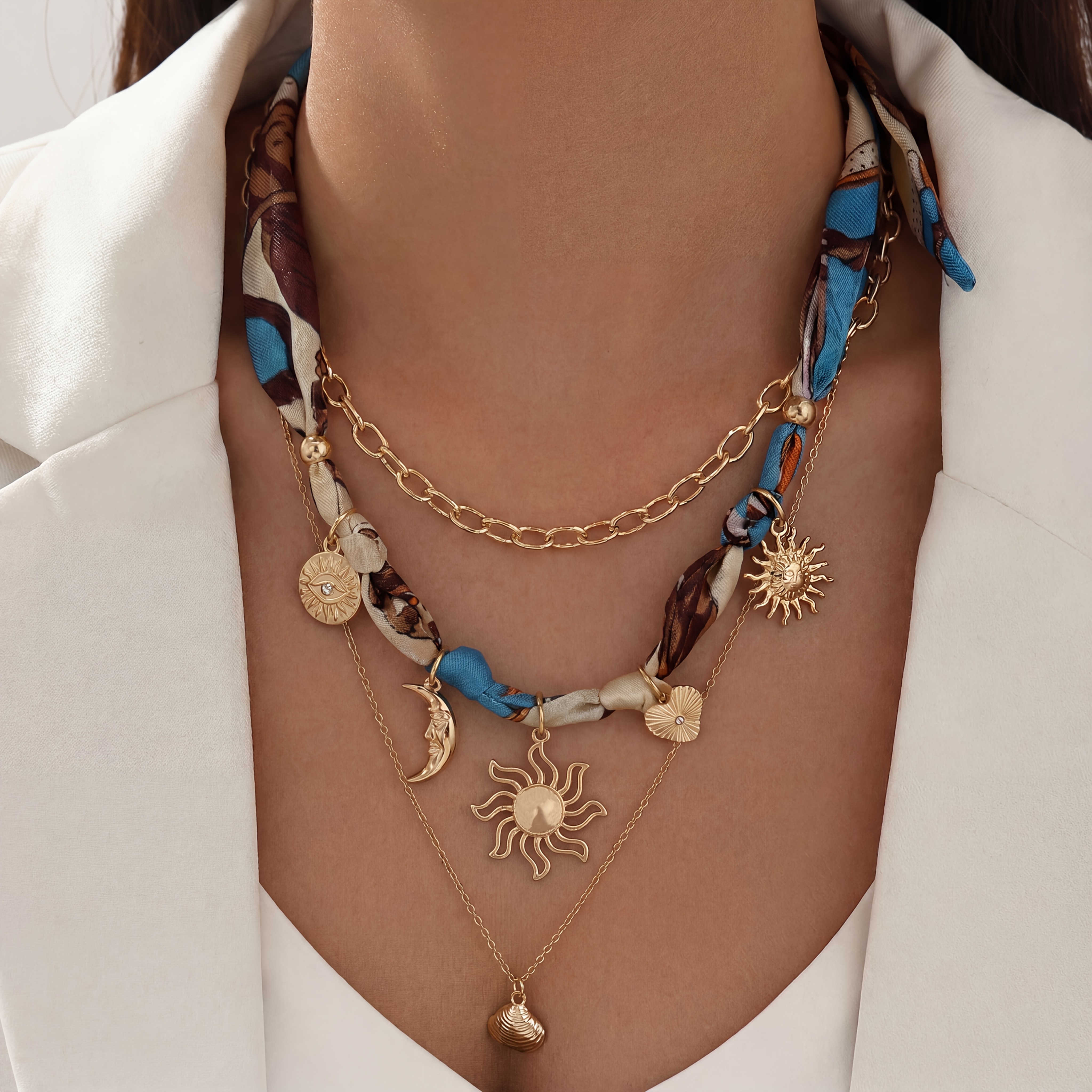 TEMU 3pcs Set Women's Stackable Pendant Necklace Scarf Chain Pendant Neck Jewelry Retro Floral Individual Vintage Style Spring Summer Matching Autumn