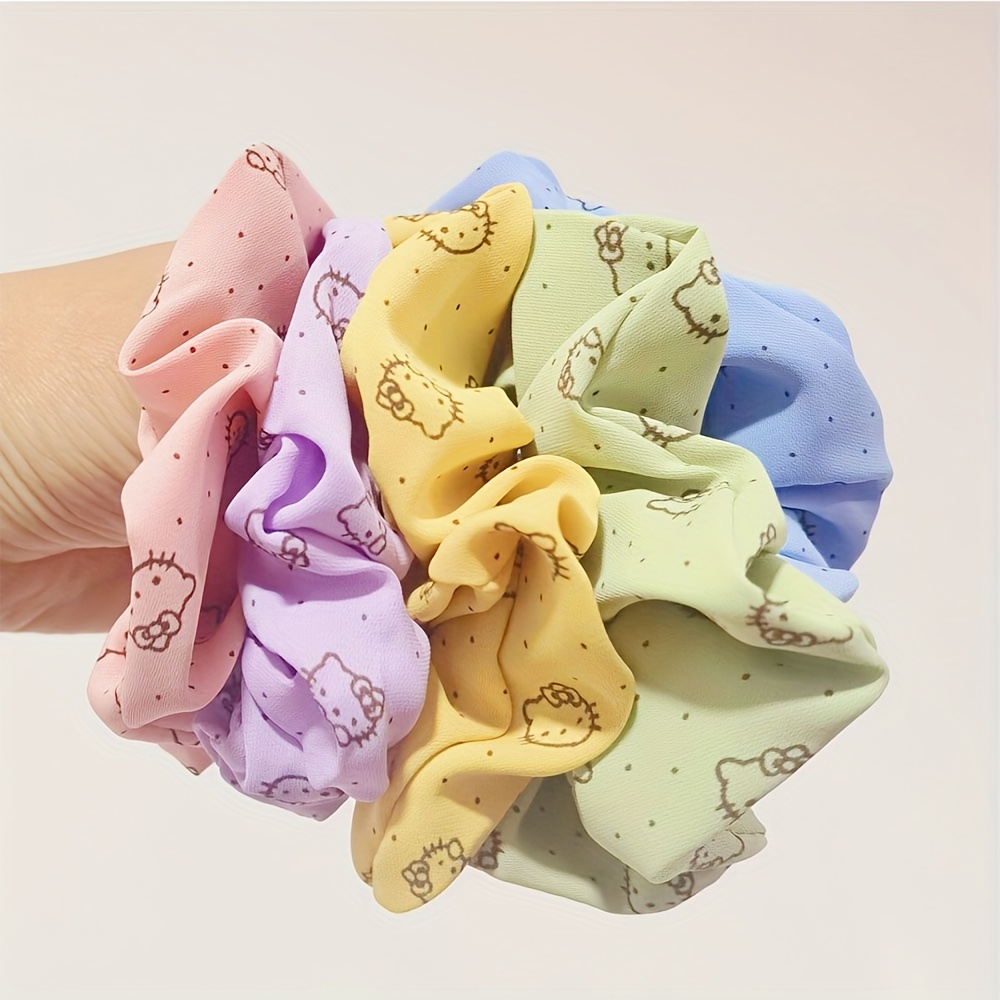 Image of 5pcs For Hello Kitty Scrunchies - Cute Polyester Hair Ties With Colorful Designs, Use, Everyday Hair Additions | Accessory | Durable Hairband, Scrunchie, For Christmas