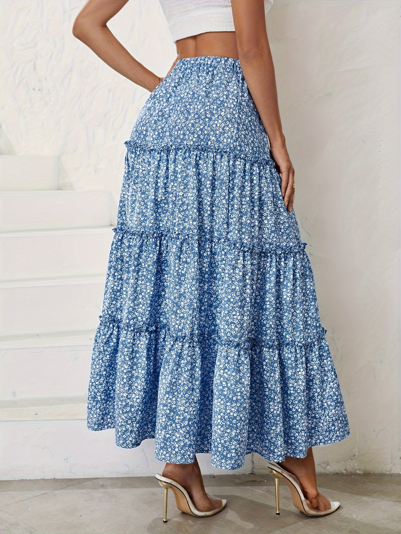 Ditsy Floral Print High Waist Skirt, Casual Ruffle Hem Maxi Skirt,  Women's Clothing - Main Image