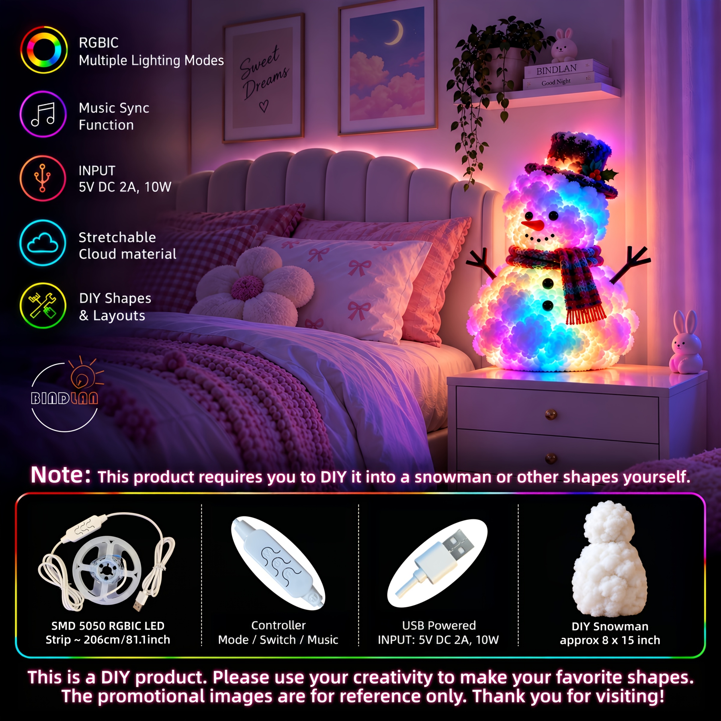 TEMU Led Rope Light Music Sync Universal Holiday Decor Light, Diy Free To Create As 3d Snowman Lamp/letter Lamp/cloud Lamp, Usb Powered Rgbic Color