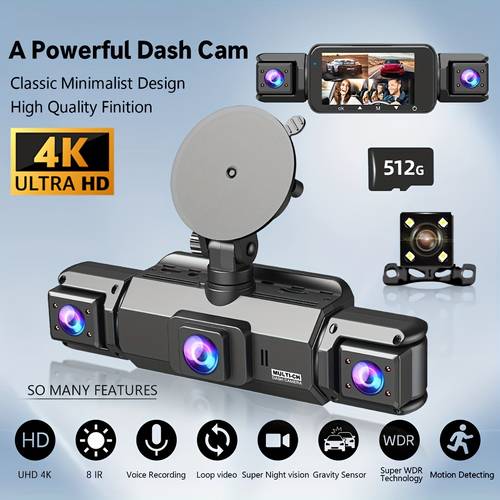 driving recorder 4 channel driving recorder 4k 1080p front and rear driving recorders triple driving recorder for cars driving recorder with 512gb card 2160p full hd 170 wide angle instrument panel with infrared night