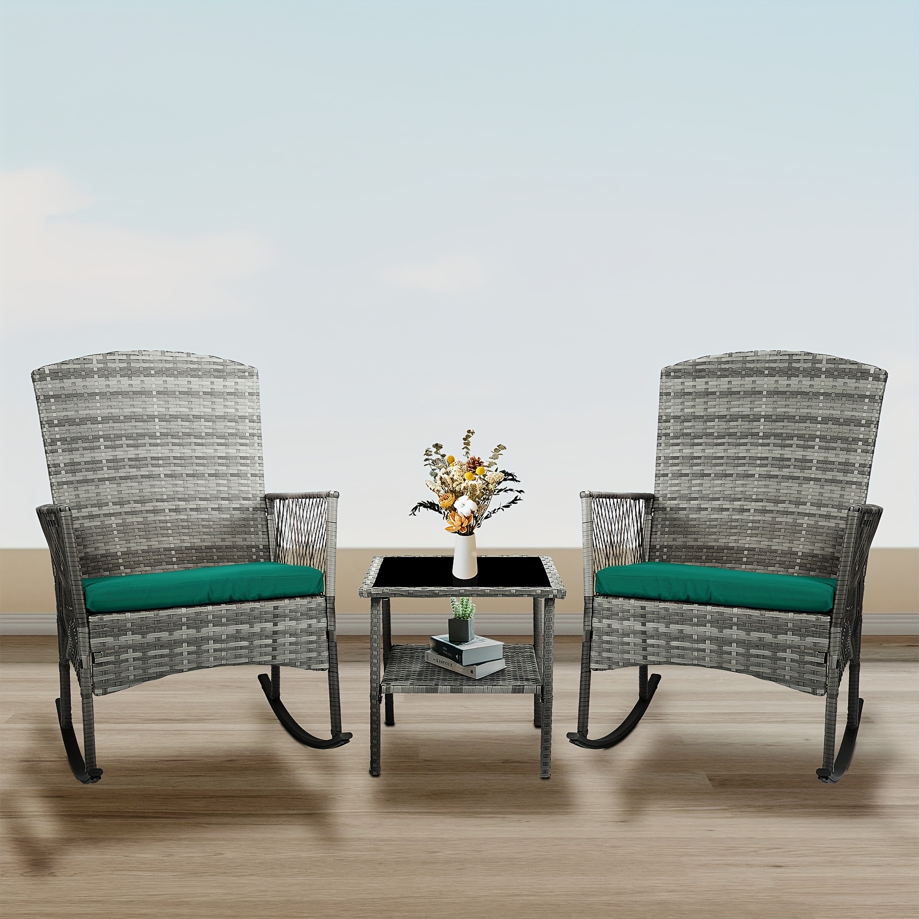 3pcs Outdoor Patio Furniture Set, Outdoor Rocking Chairs Set Of 2, Wicker Furniture With Cushions And Coffee Table For Garden, Balcony, Backyard