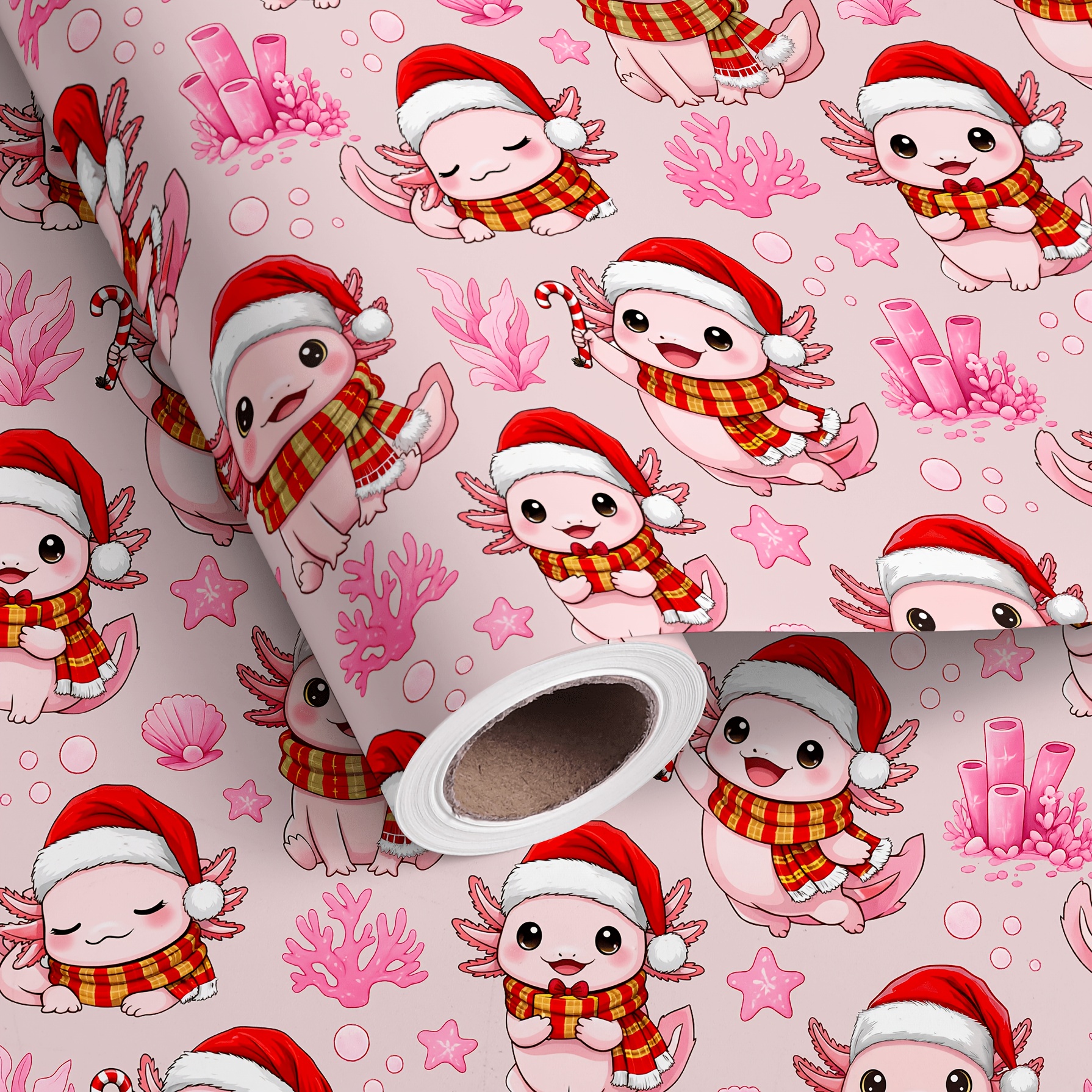TEMU 1 Rolle Rosa Weihnachts-Axolotl-Geschenkpapierrolle – Axolotl mit Weihnachtsmütze, Schal, Zuckerstange, , Stern, Muschel, Seifenblasen-Muster –
