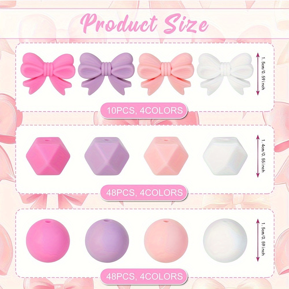 TEMU 106pcs Silicone Beads - Bowtie Round Octagonal Spacer Beads For Making, White Decorative Beads For Necklace Bracelet Keychain Craft Supplies,