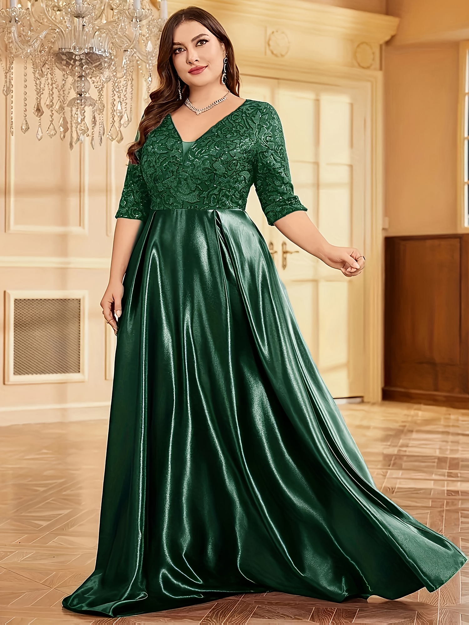 Plus Size - Plus Size - Plus-Size Women'S Satin Dress with Sequined Lace  Panels And a Fitted Waist