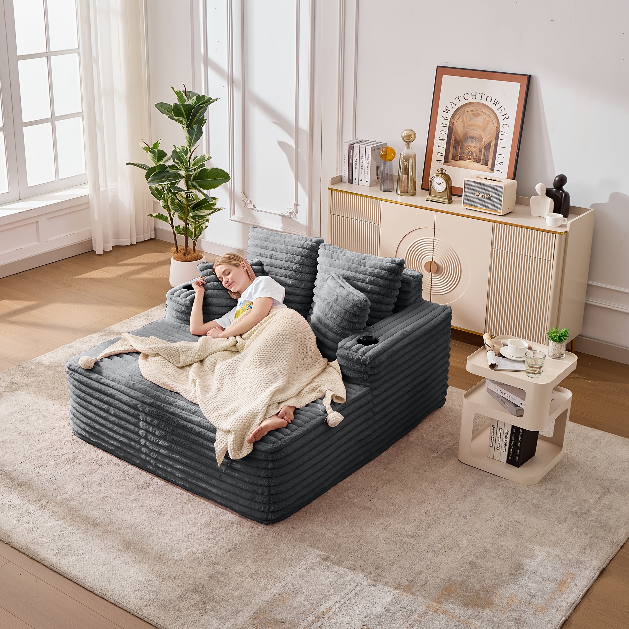 Oversized Chaise Lounge, 127 X 135cm Faux Fur Sleeper Sofa With Cup Holder, Cloud-soft Armchair, No Assembly