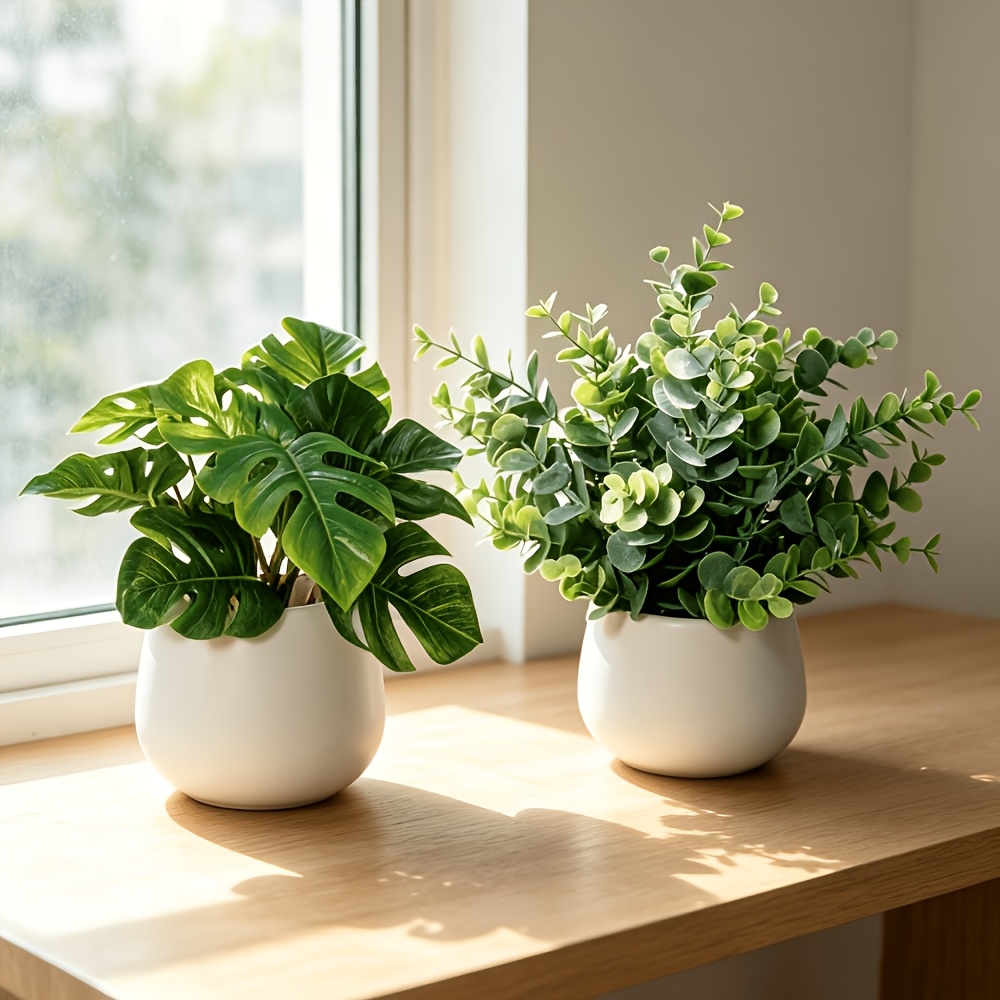 TEMU 2pcs/set Simulated 6.3-inch Turtle Back Leaves, Green Plant, 9.84-inch Eucalyptus Small Potted Plant, Home Mini Decor Ornaments, Balcony Desktop