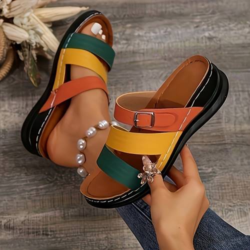 chic womens summer slide sandals fashionable open toe slip on wedge heel with colorful striped design non slip rubber sole comfortable soft platform for outdoor wear strappy sandals