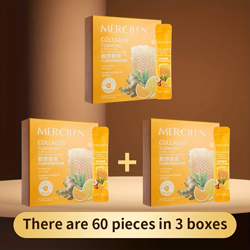 TEMU 3 Boxes Of Mercilen Collagen Turmeric Brightening Face Mask-20 Packs With Collagen, Niacinamide & Hyaluronic Acid - Honey Scented Gel Texture -