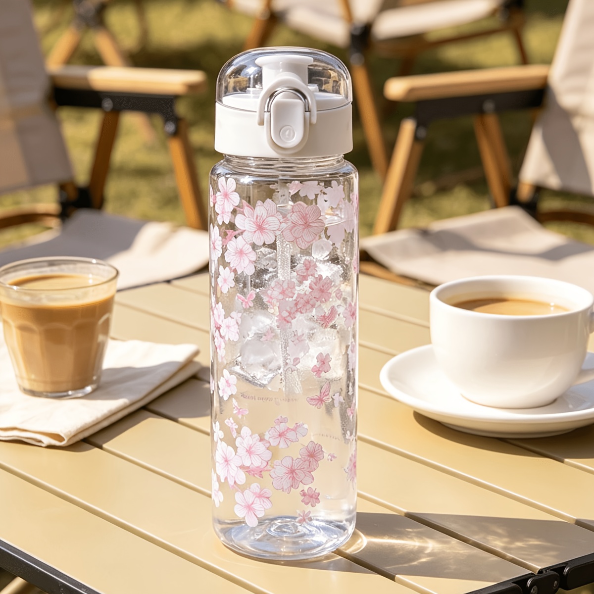 TEMU 780ml Kirschblüten-Wasserflasche, Sport-Trinkflasche aus Kunststoff, leicht, runde Form, geeignet für Laufen Sport, Geschenk für Partys, Reisen,