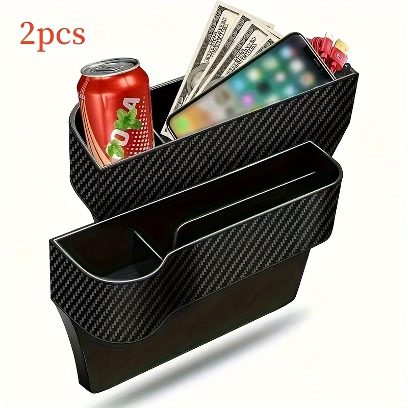 

2pcs Seat Gap Fillers With Cup Holder - Multifunctional Organizer Box & Key Holder For Front Seats, Carbon Fiber Texture, Black - Essential Car Interior Accessory