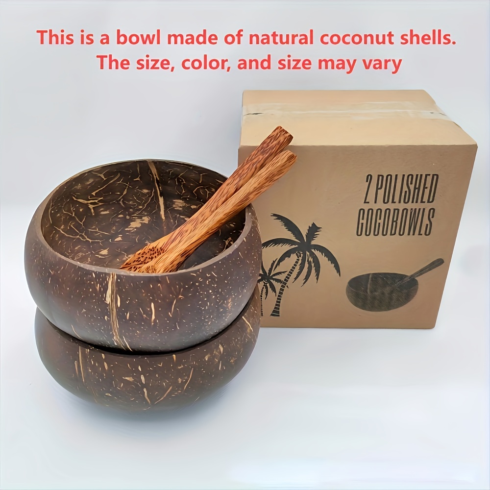 2 And 2 Wooden Spoons, Healthy Vegan Salad Bowl Set, Natural Coconut Tableware For Home Kitchen And Restaurant