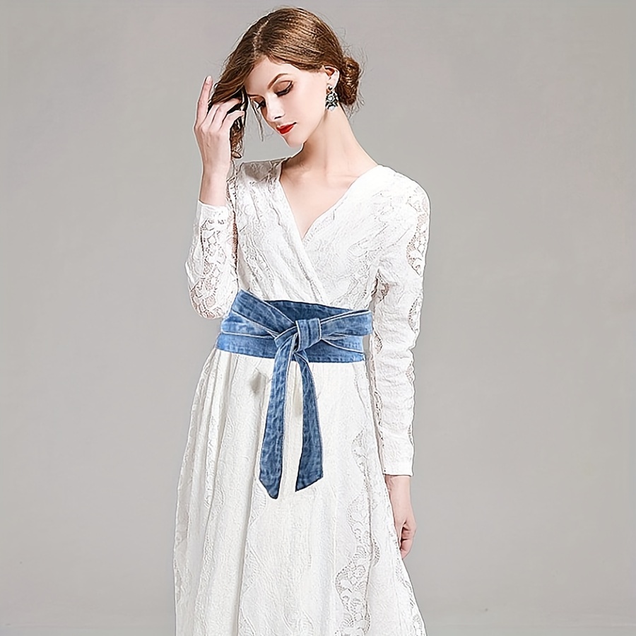 

1 Piece Washed Denim Long Wide Belt Waistband Bow Tie Decoration Simple Fashionable Retro Corset Belt Match With Skirt Shirt Women's Weekend Casual