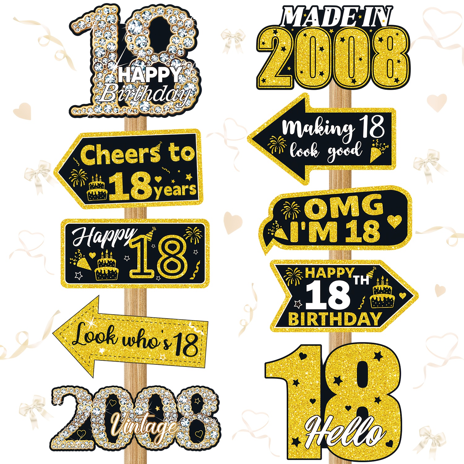 Image of 10pcs Black Golden 18th Birthday Decorations | Signs And Photo Booth Props With 2008 Year, Suitable For Men And Women Birthday Parties, Home, Living Room, Outdoor Decor