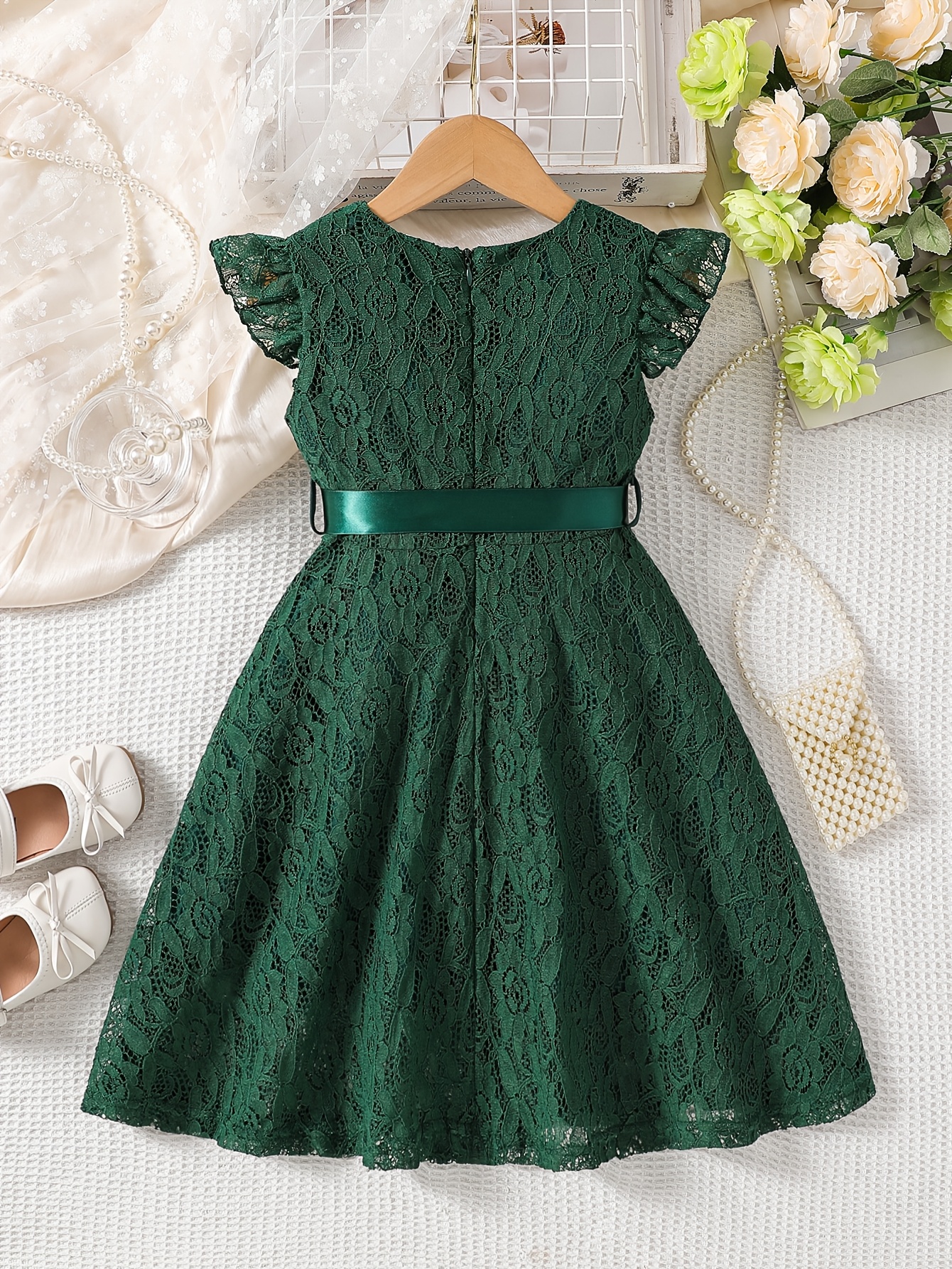girls elegant dresses spring summer solid lace round neck - Temu United  Arab Emirates