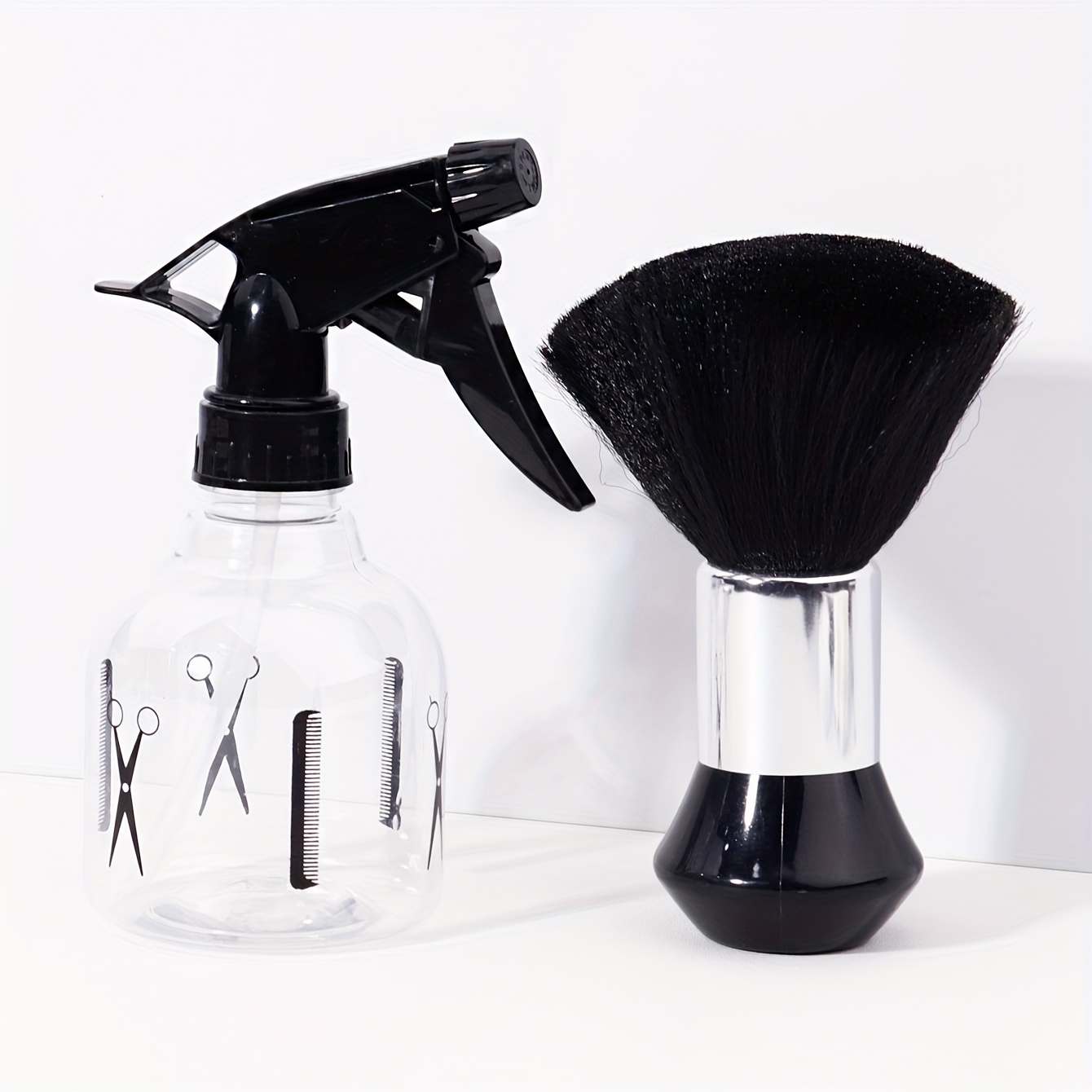 Image of 2pcs Hair Salon Tool Set, Black Professional Hairdresser Neck Hair Brush, Barber Shop Spray Bottle - Refillable Mist Spray With Scissors Icon, Modeling Tool, 250ml/ 8.45oz