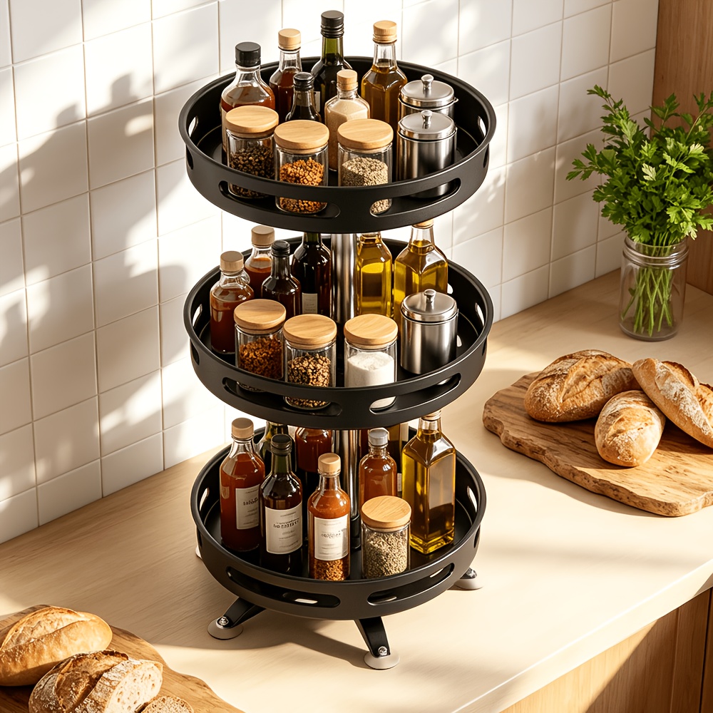 Image of 360° Rotating Spice Rack, Double-tier, Black Steel Countertop Storage Rack, Ideal For Spices, Cooking Oil, And Vinegar. Suitable For The Kitchen, Bathroom, And Vanity (includes Hooks)