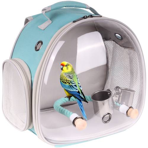 small bird backpack carrier cage with front viewing window zipper closure clamp mount 2 cup holders portable travel cage with perch secure zipper closure lightweight sturdy construction for parakeets cockatiels budgies vet ideal for beginners bird owners breathable mesh design beginner pet owners