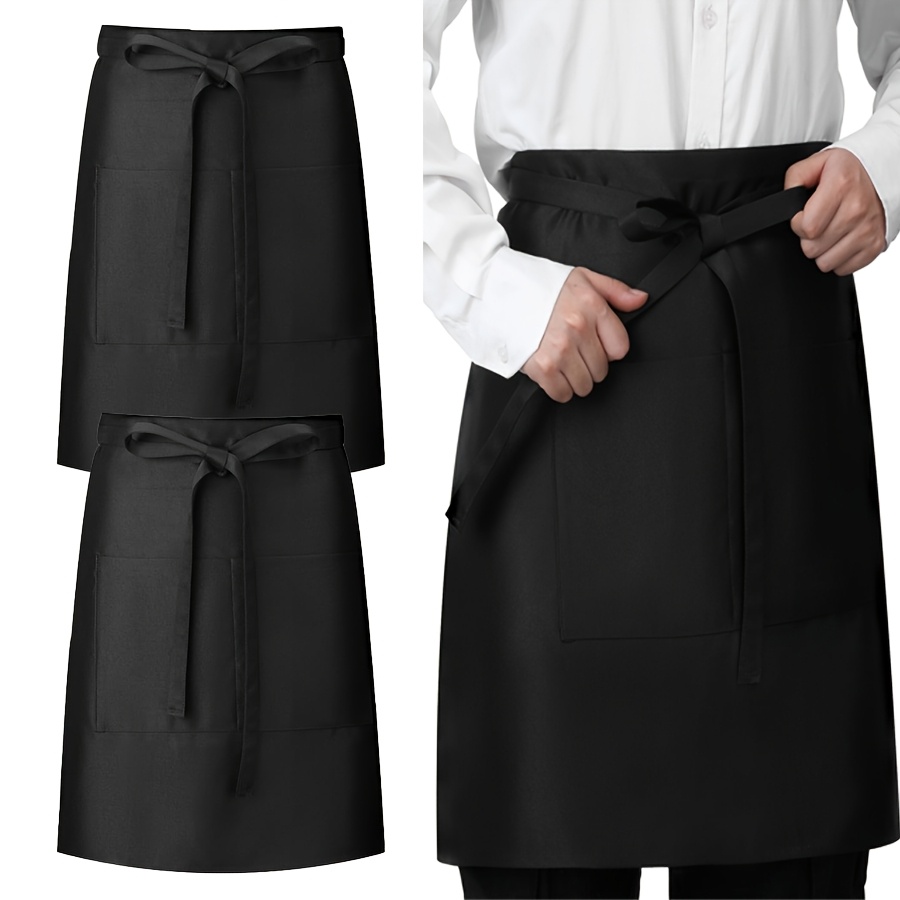 Image of Set Of 2 Black Unisex Pub Aprons With Pockets, Featuring An Extra-long Waist Tie, Suitable For Male And Female Waitstaff, Including Chefs
