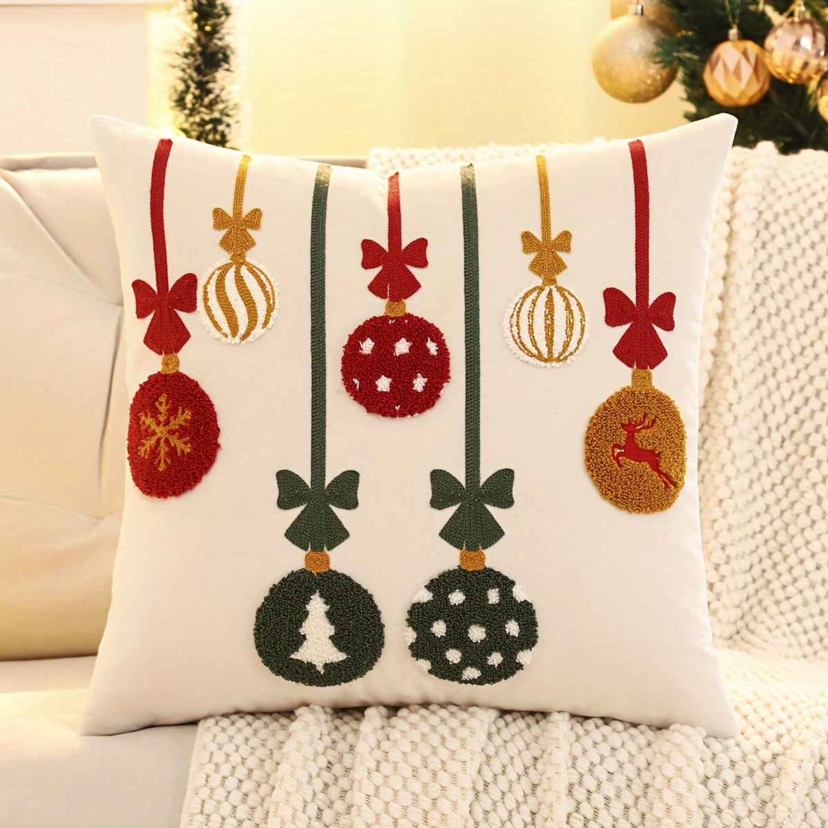 Image of Christmas Embroidered Throw Pillow Cover With Bells And Lights - Traditional Style, Zip Closure, Hand Washable Polyester For Living Room & Bedroom Decor, Christmas Pillow Covers