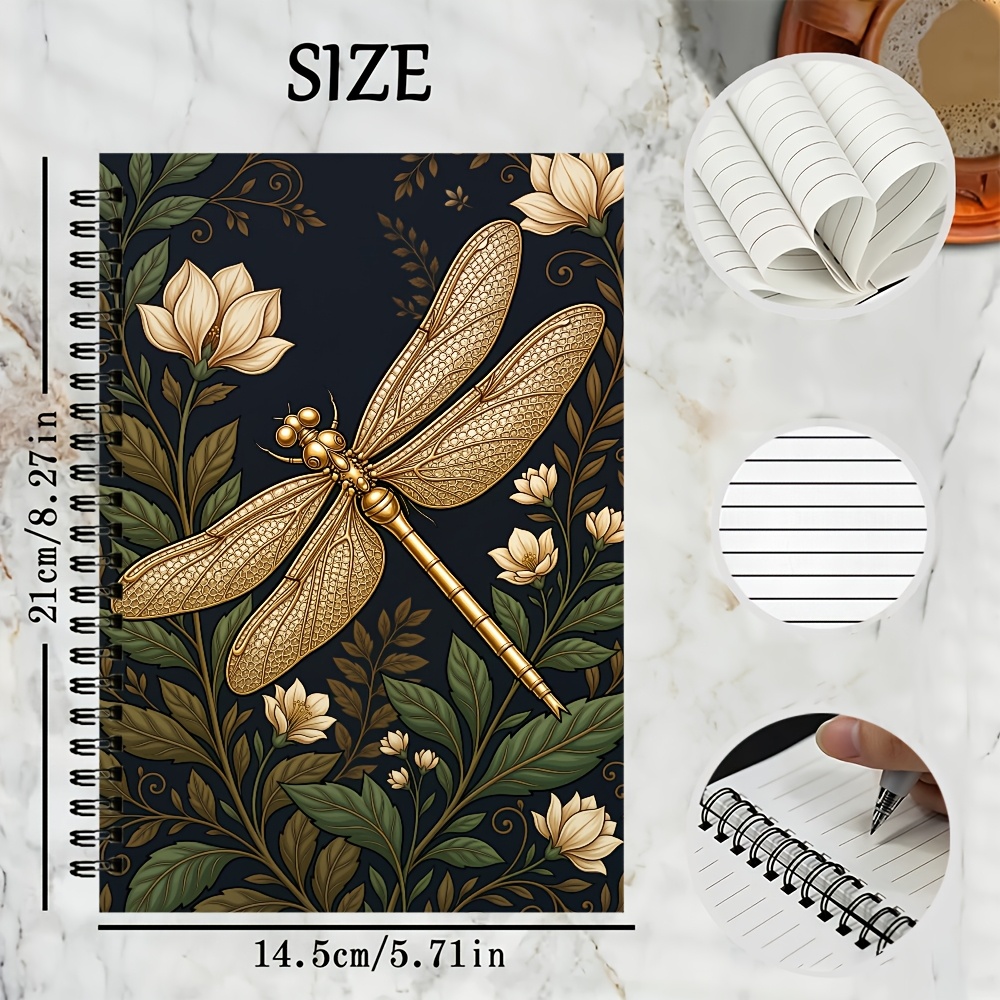 TEMU Carnet à spirale floral pièce avec dorée, carnet de notes A5 ligné, bloc-notes à couverture avec dorée , fleur et feuille sur fond , cahier pour