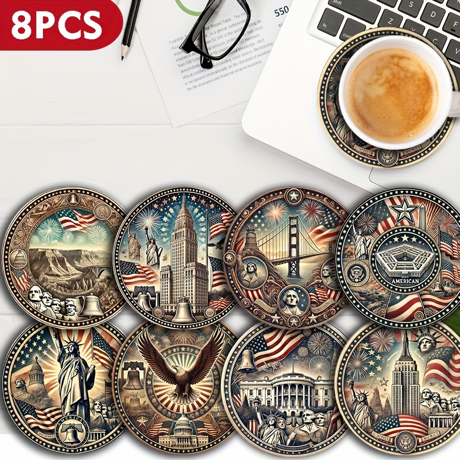 Image of 8pcs American Patriotic Landmarks Wooden Coasters Set - Featuring Statue Of & Designs | Ideal For Home For Christmas, Hanukkah, Valentine's Day, Day