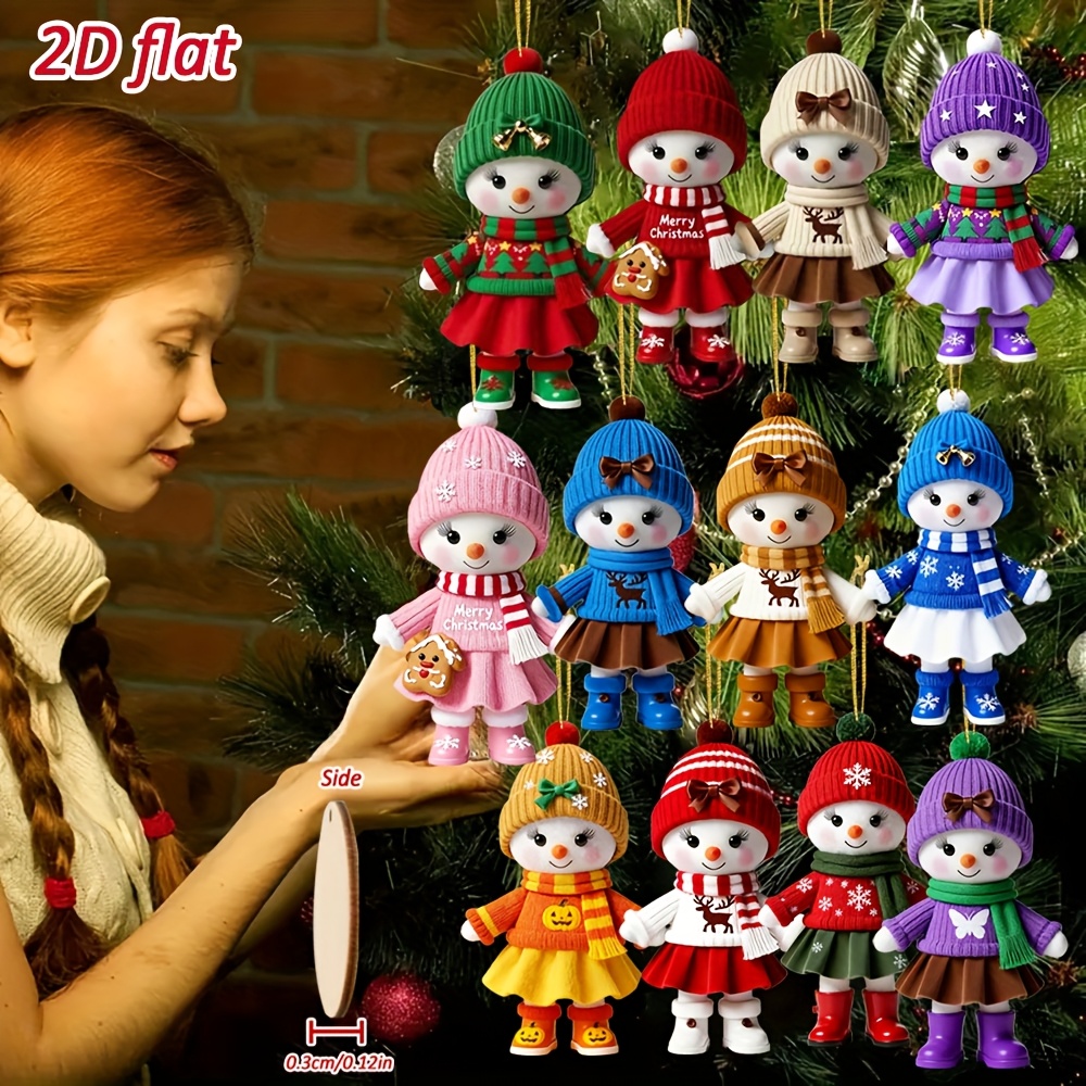 Image of 2d Flat, 12pcs Pack Colorful Snowman Wooden Hanging Ornaments Suitable For Christmas Tree,, Decorations - Flat Snowmen With Hats, Artificial, -hang For Holiday Decor, Ideal For & S, 2d Flat